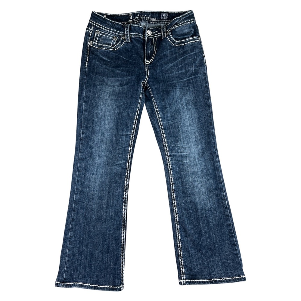 L.A. Idol Bootcut Jeans Womens 29x26 Dark Wash Thick Stitch Rhinestone Y2K Flare